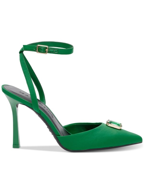 INC Womens Green Ankle Strap Gem Accent Victoria Pointed Toe Stiletto Buckle Slingback M Sale