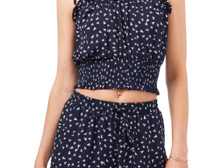 1. STATE Womens Navy Smocked Ruffled Tie Straps Printed Sleeveless Square Neck Top Fashion