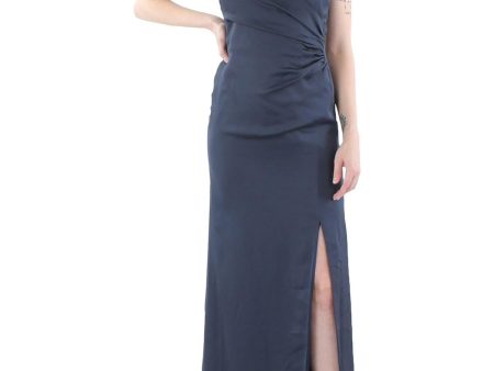 AQUA FORMAL Womens Navy Ruched Lined Slitted Self Tie Open Back Zippe Spaghetti Strap V Neck Full-Length Evening Sheath Dress For Discount