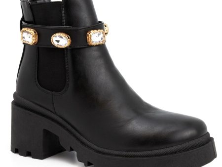 SUGAR Womens Black 1  Platform Cushioned Back Pull Tab Embellished Goring Favorite Round Toe Block Heel Booties M Online Sale