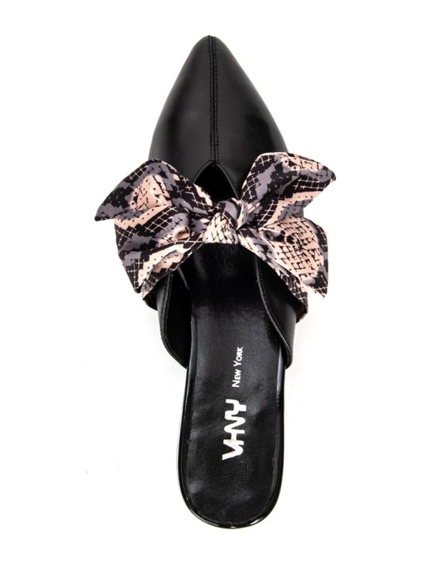 VHNY Womens Black Satin Snake Print Bow Strap Designer Heel Victoria Pointed Toe Slip On Dress Heeled Mules Shoes Supply