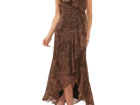 1. STATE Womens Brown Adjustable Lined Hi Lo Ruffled Hem Zippered Animal Print Sleeveless Surplice Neckline Midi Fit + Flare Dress Sale