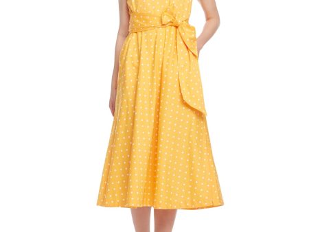 ANNE KLEIN Womens Yellow Stretch Pocketed Ruched Tie Polka Dot Sleeveless Split Midi Formal Fit + Flare Dress Sale