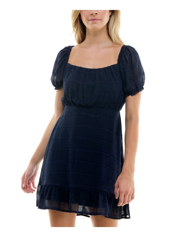 SPEECHLESS Womens Navy Lined Tie Back Flounce Hem Pouf Sleeve Square Neck Short Fit + Flare Dress Sale