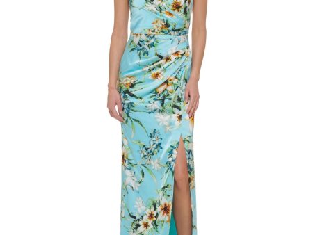 VINCE CAMUTO Womens Light Blue Zippered Slitted Ruched Side Lined Floral Spaghetti Strap V Neck Full-Length Formal Gown Dress Supply