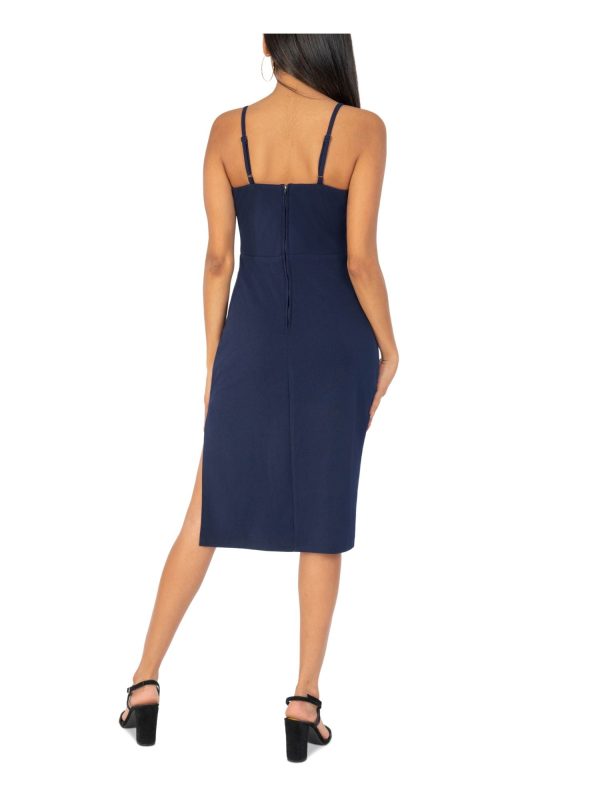 SPEECHLESS Womens Blue Stretch Cut Out Zippered Side Slit Spaghetti Strap Square Neck Below The Knee Party Body Con Dress Online