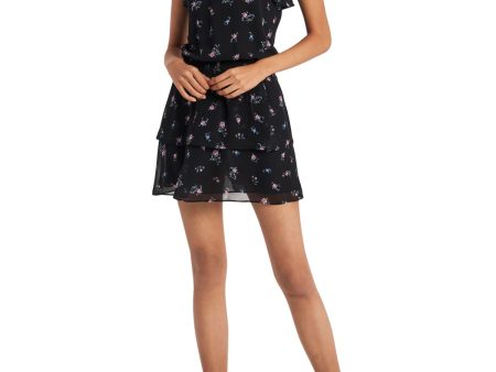 1. STATE Womens Black Ruffled Pleated Smocked Neck Floral Cap Sleeve Mini Drop Waist Dress Hot on Sale