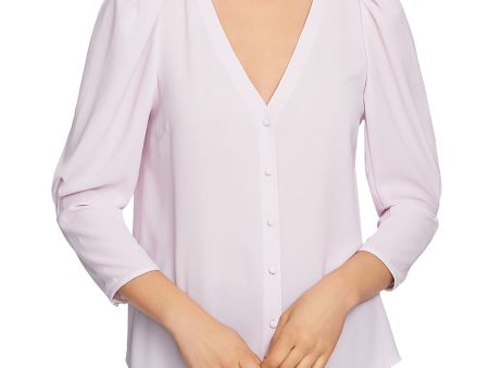 1. STATE Womens Purple Pleated Darted Pouf Sleeve V Neck Button Up Top on Sale