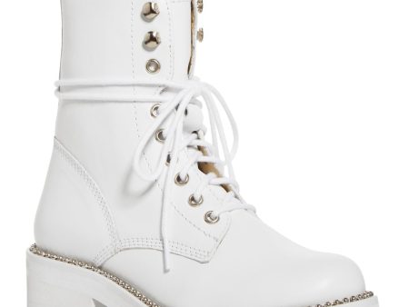 AQUA Womens White Lace-Up 1  Platform Pull Tab Beaded Lug Sole Jax Round Toe Block Heel Zip-Up Leather Combat Boots M Fashion