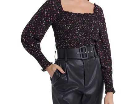 1. STATE Womens Black Stretch Smocked Ruffled Square-back Floral Blouson Sleeve Square Neck Blouse For Discount