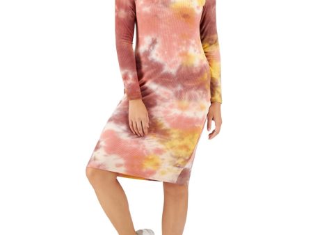 TINSEL Womens Coral Stretch Ribbed Pullover Tie Dye Mock Neck Knee Length Shift Dress For Discount