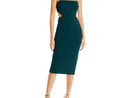 AQUA FORMAL Womens Green Cut Out Zippered Slit Back Lined Spaghetti Strap Square Neck Midi Party Sheath Dress Sale