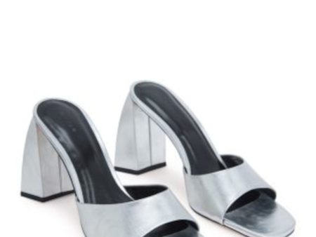 BY FAR Womens Silver Padded Metallic Michele Square Toe Sculpted Heel Slip On Leather Heeled Mules Shoes Fashion