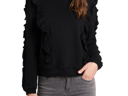 1. STATE Womens Black Ruffled Long Sleeve Crew Neck Sweatshirt on Sale