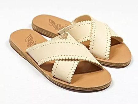 ANCIENT GREEK SANDALS Womens Ivory Criss-Cross Straps Scalloped Philourgos Open Toe Slip On Leather Sandals Shoes Online Sale