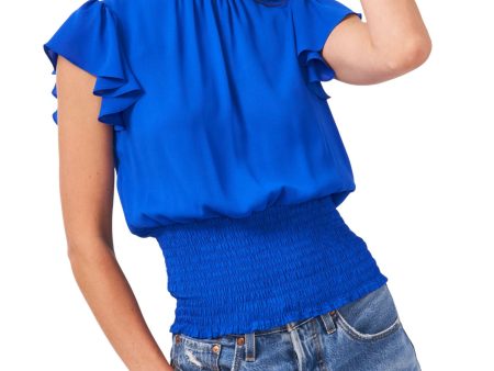 1. STATE Womens Blue Smocked Ruffled Flutter Sleeve Mock Neck Top Hot on Sale