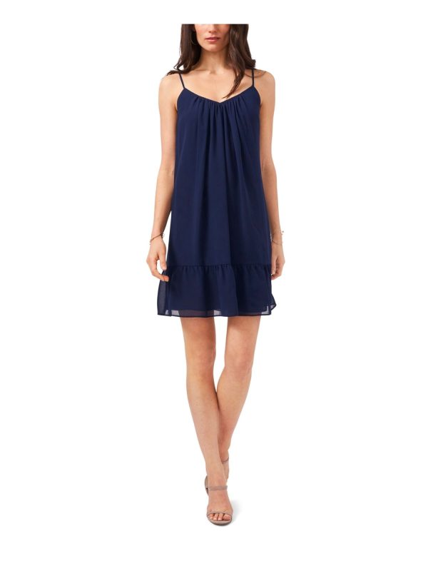 1. STATE Womens Navy Ruffled Lined Spaghetti Strap V Neck Above The Knee Cocktail Shift Dress For Cheap