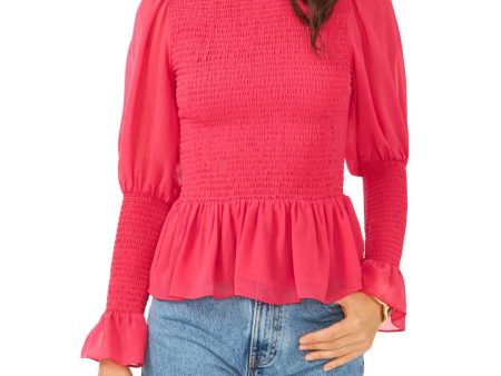 1. STATE Womens Pink Smocked Ruffled Long Sleeve Crew Neck Wear To Work Peplum Top For Cheap