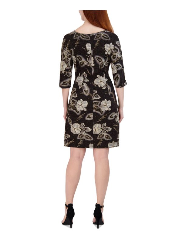 SIGNATURE BY ROBBIE BEE Womens Black 3 4 Sleeve Round Neck Above The Knee Cocktail Sheath Dress Fashion