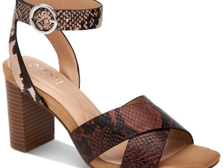 ALFANI Womens Brown Snake Print Crisscross Straps Cushioned Ankle Strap Irinna Square Toe Block Heel Buckle Sandals Shoes M Supply