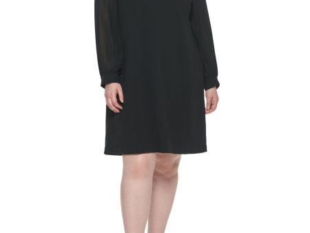 TOMMY HILFIGER Womens Black Zippered Sheer Pleated Long Sleeves Round Neck Above The Knee Wear To Work Shift Dress Discount