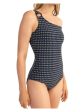 SHOSHANNA Women s Blue Patterned O-Ring Attached Shelf Bra Metallic One Shoulder One Piece Swimsuit Sale