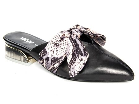 VHNY Womens Black Satin Snake Print Bow Strap Designer Heel Victoria Pointed Toe Slip On Dress Heeled Mules Shoes Supply