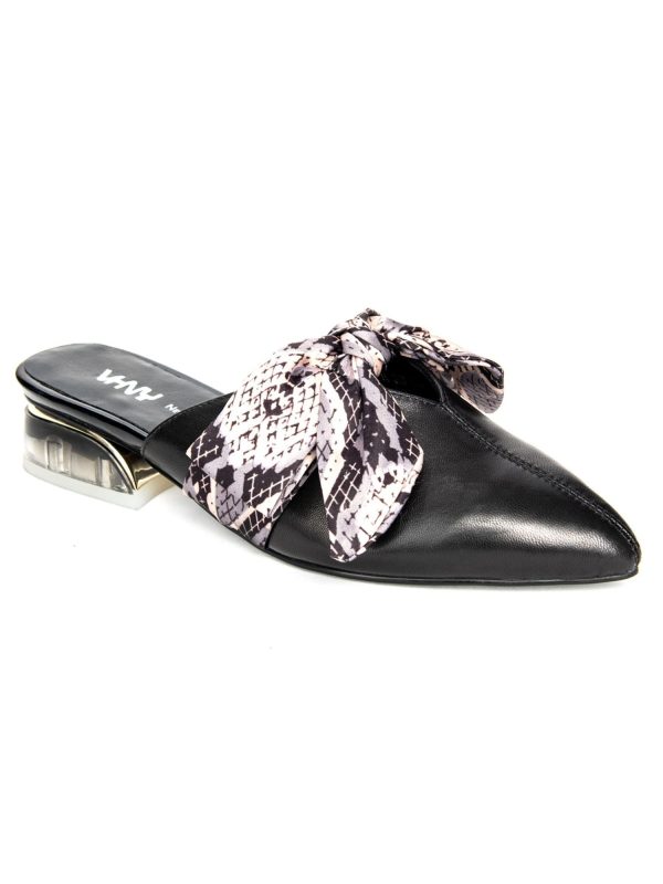 VHNY Womens Black Satin Snake Print Bow Strap Designer Heel Victoria Pointed Toe Slip On Dress Heeled Mules Shoes Supply