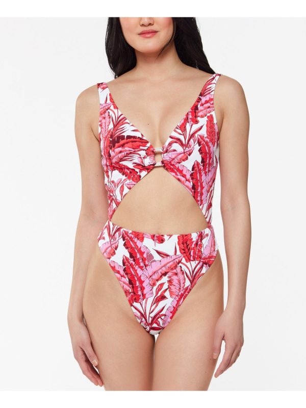 JESSICA SIMPSON Women s Pink Printed Stretch Push-Up Front And Back Front O-Ring Deep V Neck Cutout One Piece Swimsuit Online Sale