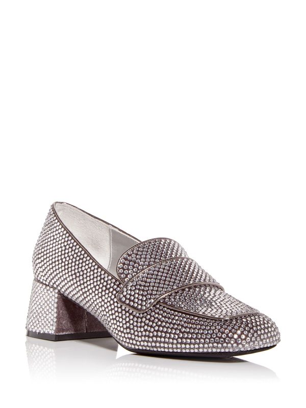 JEFFEREY CAMPBELL Womens Gray Rhinestone Padded Ritzy Square Toe Block Heel Slip On Heeled Loafers Online