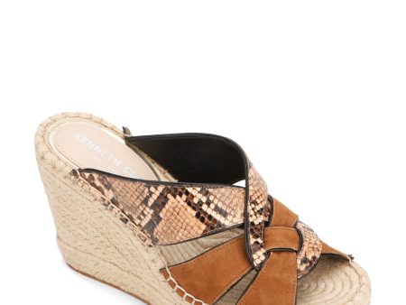 KENNETH COLE NEW YORK Womens Cocoa Beige Mixed Media Snakeskin Print Espadrille 1  Platform Padded Woven Olivia Open Toe Wedge Slip On Leather Heeled Mules Shoes M Fashion