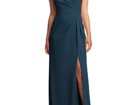 AFTER SIX Womens Teal Pleated Zippered Slitted Lined Short Sleeve Off Shoulder Full-Length Evening Gown Dress Discount