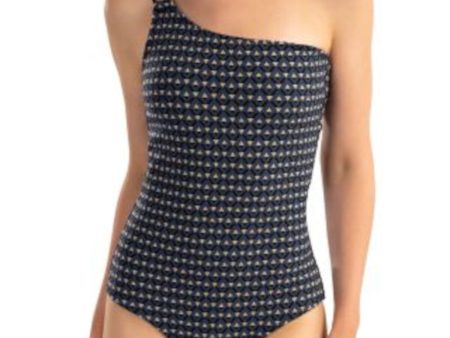 SHOSHANNA Women s Blue Patterned O-Ring Attached Shelf Bra Metallic One Shoulder One Piece Swimsuit Sale