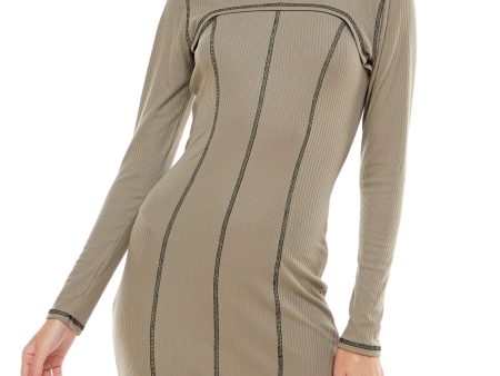 ULTRA FLIRT Womens Green Stretch Ribbed Shrug Long Sleeve Round Neck Short Party Body Con Dress Supply