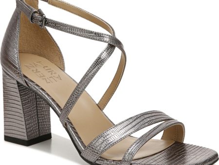 NATURALIZER Womens Silver Patterned Strappy Padded Metallic Goring Asymmetrical Tiff Square Toe Block Heel Buckle Leather Heeled M Online Sale