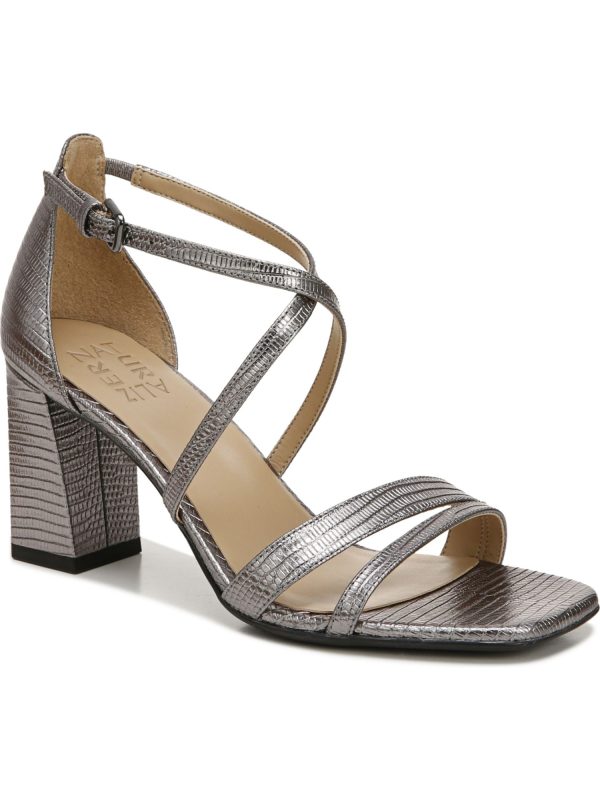 NATURALIZER Womens Silver Patterned Strappy Padded Metallic Goring Asymmetrical Tiff Square Toe Block Heel Buckle Leather Heeled M Online Sale