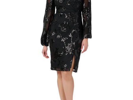 ADRIANNA PAPELL Womens Black Sequined Slitted Zippered Lined Long Sleeve V Neck Knee Length Evening Sheath Dress Online Sale