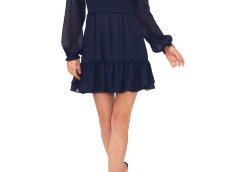 1. STATE Womens Navy Lined Ruffled Smocked Tiered Blouson Sleeve Square Neck Short Fit + Flare Dress Cheap