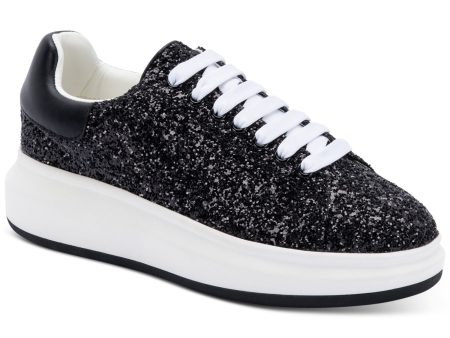 AQUA COLLEGE Womens Black Mixed Media Glitter Waterproof Darcy Round Toe Platform Lace-Up Leather Sneakers Shoes M For Sale