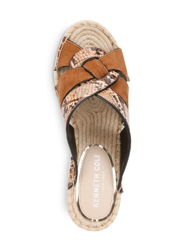 KENNETH COLE NEW YORK Womens Cocoa Beige Mixed Media Snakeskin Print Espadrille 1  Platform Padded Woven Olivia Open Toe Wedge Slip On Leather Heeled Mules Shoes M Fashion