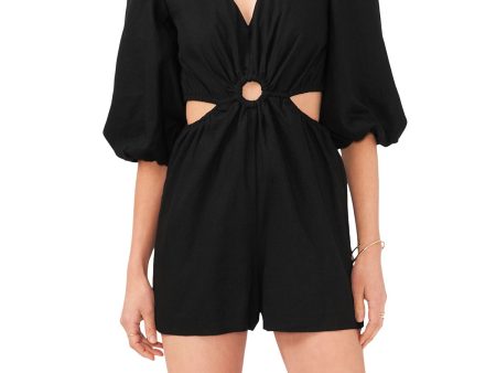 1. STATE Womens Black Zippered Waist Ring Side Cutouts Blouson Sleeve V Neck Shorts Romper For Sale