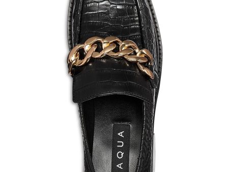 AQUA Womens Black Crocodile Embossed Chain Cushioned Lena Round Toe Block Heel Slip On Leather Heeled Loafers M Online Hot Sale