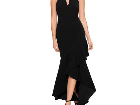 AQUA FORMAL Womens Black Zippered Lined Faux Wrap Skirt Back Keyhole Sleeveless Keyhole Full-Length Formal Hi-Lo Dress Discount