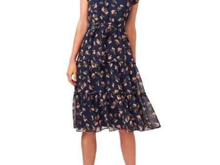 1. STATE Womens Navy Belted Floral Flutter Sleeve V Neck Below The Knee Cocktail Fit + Flare Dress For Discount