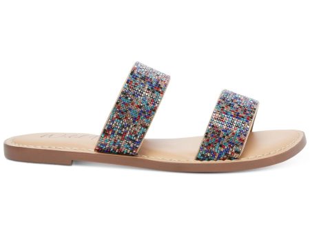 WILD PAIR Womens Beige Rhinestone Rainbow Swirl Pattern Double Band Rhinestone Padded Ginnie Round Toe Slip On Slide Sandals Shoes M on Sale