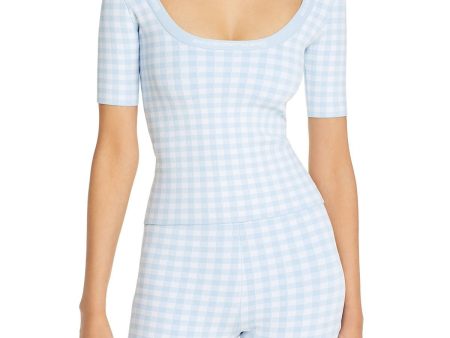 ALEXANDER WANG Womens Light Blue Stretch Ribbed Fitted Gingham Short Sleeve Scoop Neck T-Shirt Discount