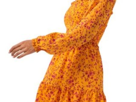 1. STATE Womens Orange Floral Balloon Sleeve Square Neck Short Party Ruffled Dress For Sale