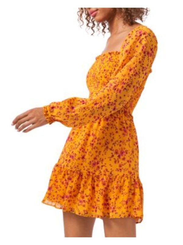 1. STATE Womens Orange Floral Balloon Sleeve Square Neck Short Party Ruffled Dress For Sale