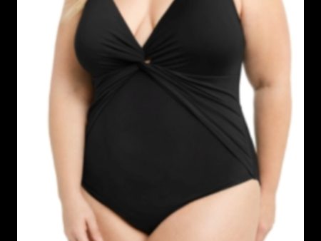 BLEU Women s Black Stretch Twist Front  Lined Deep V Neck Full Coverage Twist & Shout Halter One Piece Swimsuit Sale