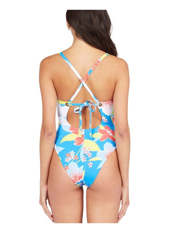 ROXY Women s Blue Floral Removable Cups Deep V Neck Tie She Just Shines One Piece Swimsuit For Discount